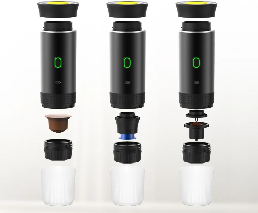 The machine with large-capsule, small-capsule and ground-coffee adapters